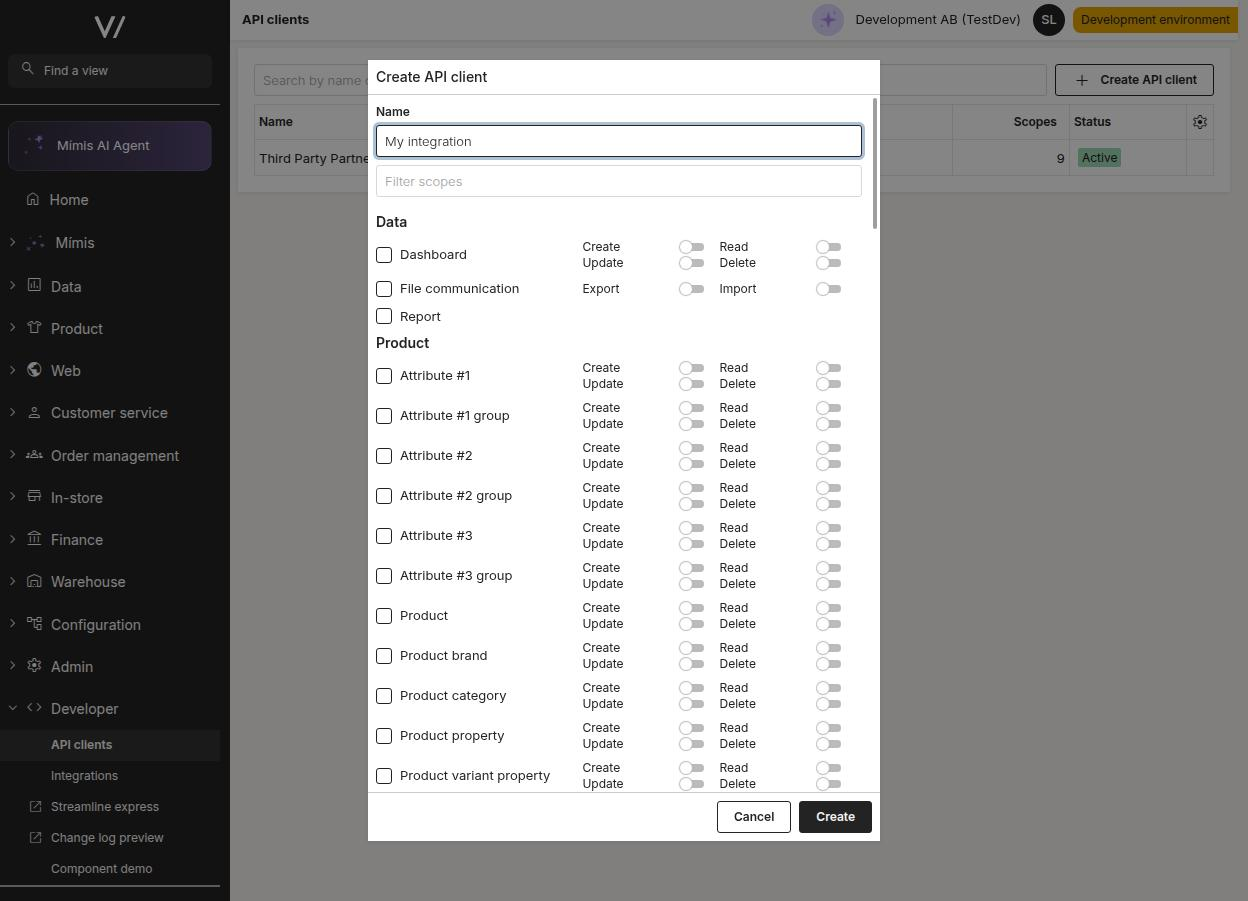 The Create API client dialog