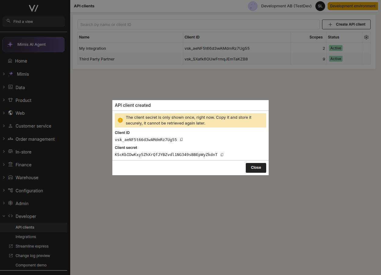 The created client showing the Client ID and one-time secret